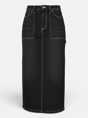 Love Fire Black Denim Midi Pencil Skirt with Front Patch Pockets
